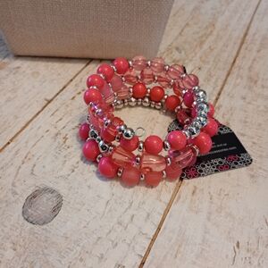 Pink Beaded Coil Bracelet Stack - Women Jewelry